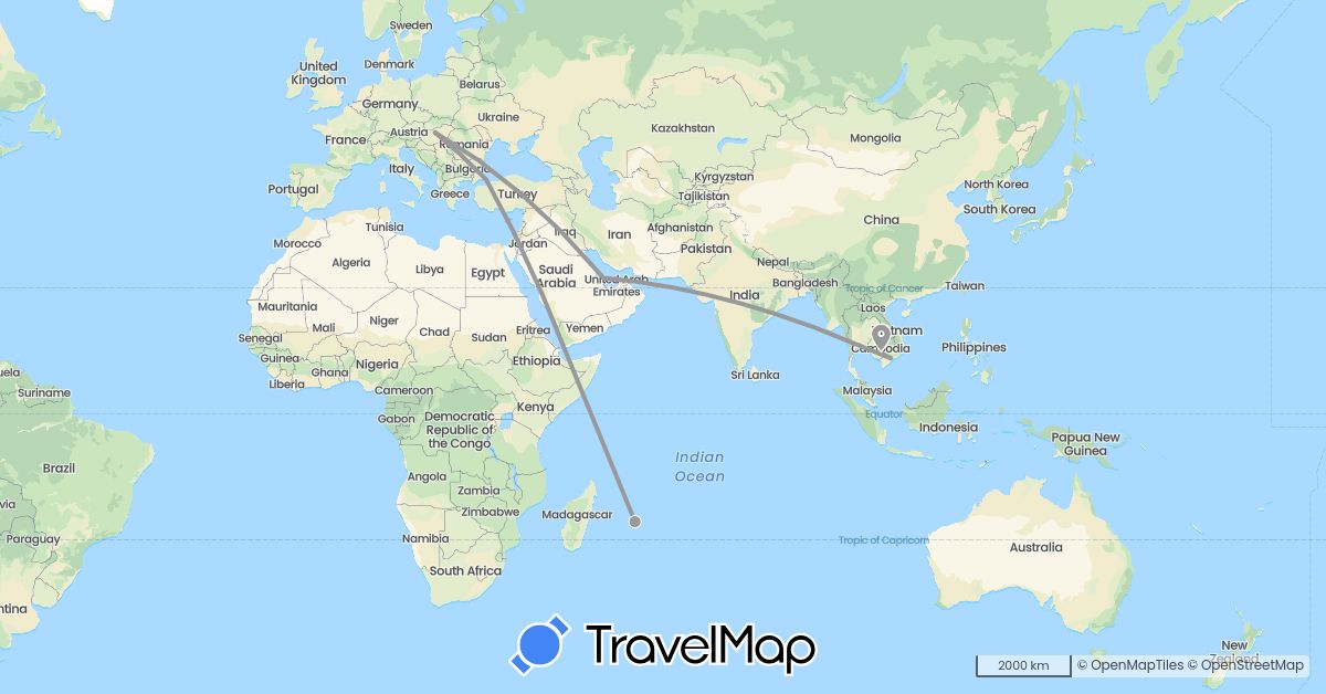 TravelMap itinerary: driving, plane in Hungary, Cambodia, Mauritius, Qatar, Turkey, Vietnam (Africa, Asia, Europe)